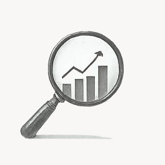 Icon of a magnifying glass over a bar chart with growth arrow representing SEO for ecommerce